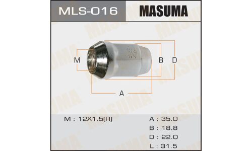 Гайка колесная Masuma MLS-016, закрытая, M12x1.5(R), длина 35.4мм, коническая посадка, под ключ 19мм, 1 шт