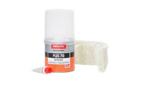Ремонтный комплект Novol Repair Box Plus 710, для заполнения повреждений металла и пластика (смола, отвердитель Betox-50PC и стекломат 19x120см), банка 242г + туба 8г, арт. 36101