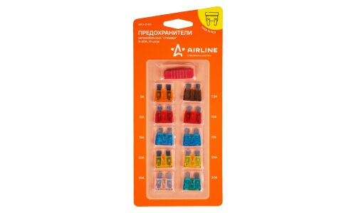 Предохранитель автомобильный Airline, флажковый, стандартный (ATO S1035-2/FT), 5/7.5/10/15/20/25/30А, комплект 10 шт (+экстрактор), арт. AFU-S-03