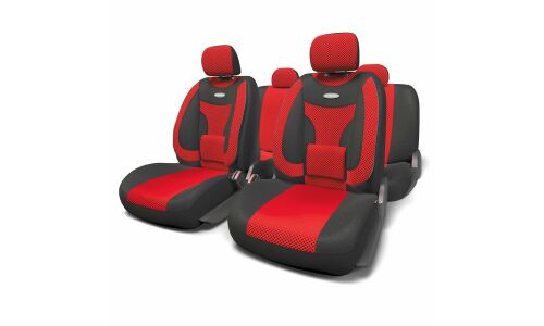 Чехлы AUTOPROFI EXTRACOMFORT для передних и задних сидений, велюр, черный/красный цвет, 11 предметов