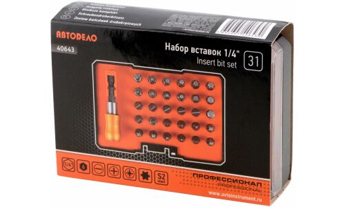 Набор бит Автодело, посадочный размер HEX1/4", наконечники SL/PH/PZ/HEX/T, комплект 31 предмет, арт. 40643 Professional