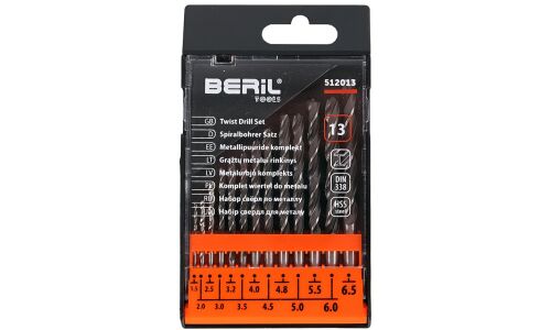 Свёрла по металлу Beril Tools, спиральные, Ø1.5–6.5мм, в пластиковом кейсе, 13 шт, арт. 512013