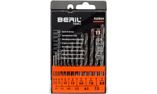 Свёрла по металлу Beril Tools, спиральные, Ø2–8мм, в пластиковом кейсе, 13 шт, арт. 13735