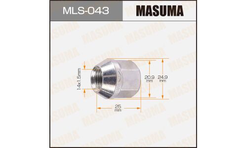 Гайка колесная Masuma MLS-043, открытая, M14x1.5(R), длина 25мм, коническая посадка, под ключ 21мм