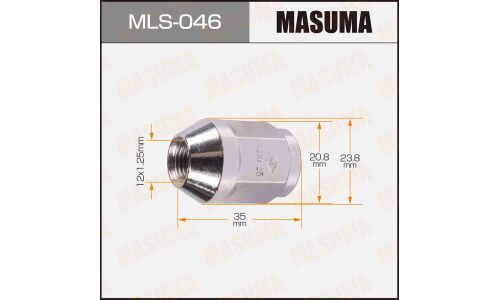Гайка колесная Masuma MLS-046, закрытая, M12x1.25(R), длина 35мм, коническая посадка, под ключ 21мм, комплект 20 шт