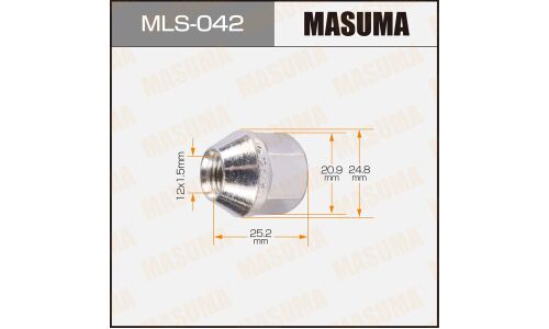 Гайка колесная Masuma MLS-042, открытая, M12x1.5(R), длина 25.2мм, коническая посадка, под ключ 21мм, 1шт