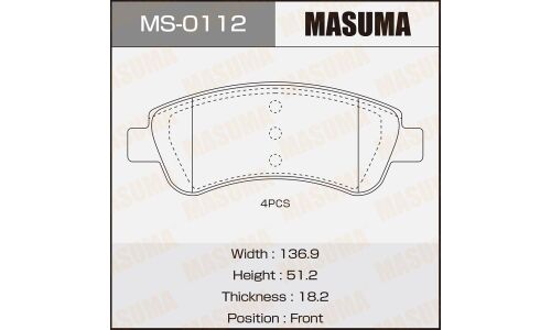 Колодки тормозные дисковые Masuma передние, комплект на ось (4 шт), арт. MS-0112