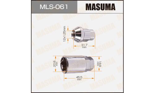 Гайка колесная Masuma MLS-061, закрытая, M12x1.25(R), длина 31.7мм, коническая посадка, с секретом + переходник под ключ 19мм, 4 шт