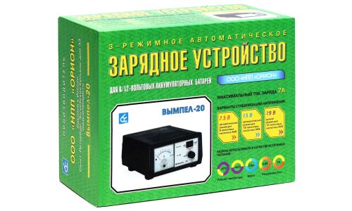 Устройство зарядное Вымпел-20, автоматический режим, с функцией блока питания, 6/12В, до 85Ач, ток заряда 0.6-7А, для WET, EFB, щелочных батарей, арт. 2008