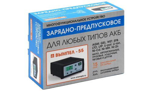 Устройство зарядно-предпусковое Вымпел-55, с функцией блока питания и вольтметра, 3.7/4/6/12В, ток заряда 0.5-15А, для AGM, WET, GEL, EFB, щелочных и литиевых батарей, арт. 2012