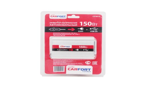 Инвертор напряжения Carfort, 12В(DC)→220В(AC), 50/60Гц, 150Вт, (+USB 5В), арт. CF-4015