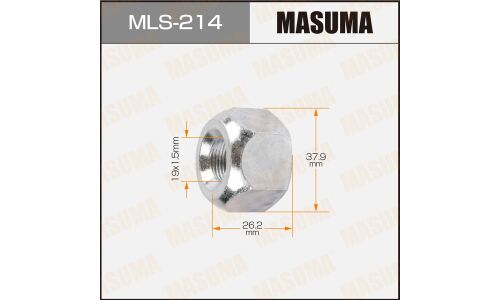 Гайка колесная Masuma MLS-214, открытая, для грузовиков Mitsubishi Fuso, M19x1.5(R), длина 26.2мм, коническая посадка, под ключ 38мм