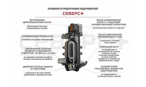 Предпусковой подогреватель двигателя электрический Северс+, 220В, 2кВт, с насосом (+монтажный комплект)