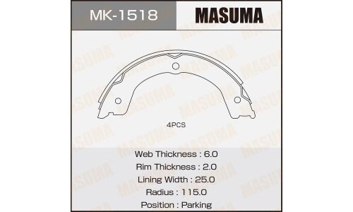 Колодки тормозные барабанные Masuma стояночного тормоза, комплект на ось (4 шт), арт. MK-1518