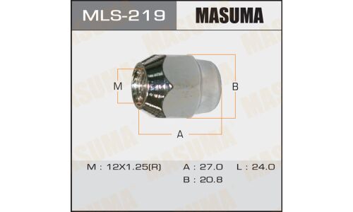 Гайка колесная Masuma MLS-219, закрытая, для Nissan, M12x1.25(R), длина 27мм, коническая посадка, под ключ 21мм