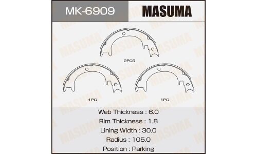 Колодки тормозные барабанные Masuma стояночного тормоза, комплект на ось (4 шт), арт. MK-6909