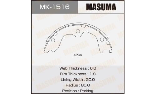 Колодки тормозные барабанные Masuma стояночного тормоза, комплект на ось (4 шт), арт. MK-1516