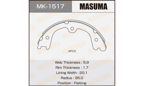 Колодки тормозные барабанные Masuma стояночного тормоза, комплект на ось (4 шт), арт. MK-1517