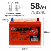 Аккумулятор Зверь ASIA 75B24L (6СТ-58LУ / ZVA 58-3-R), 58Ач, ССА 520А, необслуживаемый Аккумулятор Зверь ASIA 75B24L (6СТ-58LУ / ZVA 58-3-R), 58Ач, ССА 520А, необслуживаемый