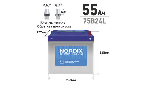 Аккумулятор Nordix 75B24L, 55Ач, CCA 520А, необслуживаемый