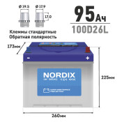 Аккумулятор Nordix 100D26L, 95Ач, CCA 730А, необслуживаемый Аккумулятор Nordix 100D26L, 95Ач, CCA 730А, необслуживаемый
