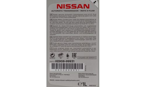 Масло трансмиссионное Nissan AT-MATIC D Fluid синтетическое, 1л, арт. KE908-99931