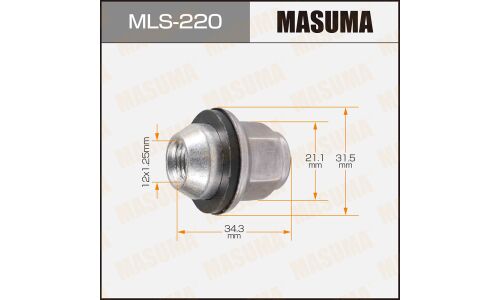 Гайка колесная Masuma MLS-220, закрытая, для кроссоверов Nissan, M12x1.25(R), длина 34.3мм, с прессшайбой 31.5мм, под ключ 21мм