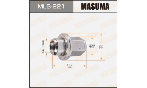 Гайка колесная Masuma MLS-221, закрытая, для кроссоверов Nissan / Infiniti, M14x1.5(R), длина 41.7мм, с прессшайбой 32мм, под ключ 21мм