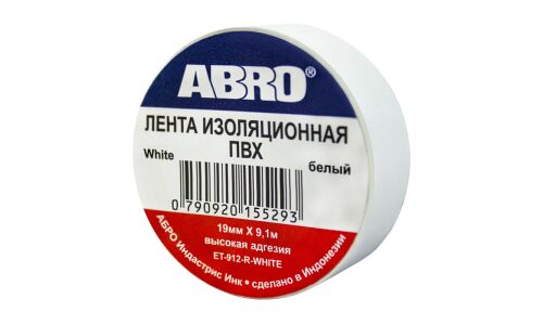 Лента клейкая изоляционная ABRO, ПВХ, 19мм x 9м, белая, арт. ET-912-WH