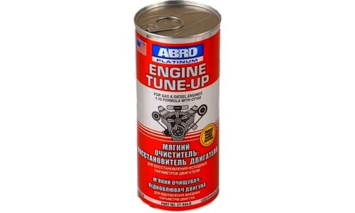 Моющая присадка в масло ABRO Platinum Engine Tune-Up, мягкий очиститель-восстановитель бензиновых и дизельных двигателей, банка 444мл, арт. ET-444