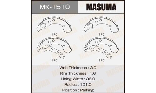 Колодки тормозные барабанные Masuma, комплект на ось (4 шт), арт. MK-1510