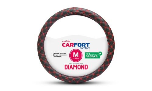 Оплетка на руль CARFORT DIAMOND, экокожа, черный цвет с красной прострочкой, размер M (37-39см)