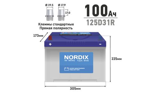 Аккумулятор Nordix 125D31R, 100Ач, CCA 830А, необслуживаемый