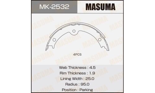 Колодки тормозные барабанные Masuma стояночного тормоза, комплект на ось (4 шт), арт. MK-2532