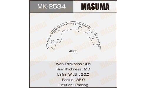 Колодки тормозные барабанные Masuma стояночного тормоза, комплект на ось (4 шт), арт. MK-2534