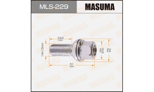 Болт колесный Masuma MLS-229, для Audi, M14x1.5(R), длина 51мм, сфера R12, под ключ 17мм