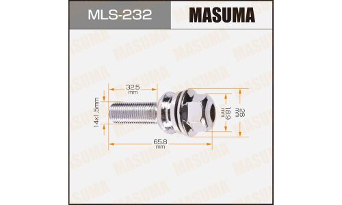 Болт колесный Masuma MLS-232, для Volkswagen / Audi, M14x1.5(R), длина 65.8мм, сфера R12, под ключ 19мм