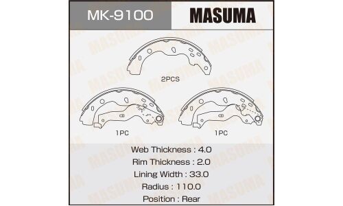 Колодки тормозные барабанные Masuma, комплект на ось (4 шт), арт. MK-9100