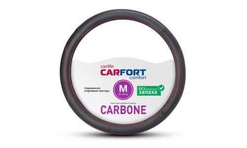 Оплетка на руль CARFORT CARBONE, черный цвет с красной прострочкой, размер M (37-39см)