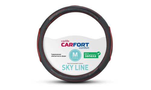 Оплетка на руль CARFORT SKY LINE, экокожа, чёрный цвет с красной прострочкой, размер M (37-39см)