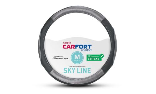 Оплетка на руль CARFORT SKY LINE с вставками, экокожа, серый/чёрный цвет, размер M (37-39см)