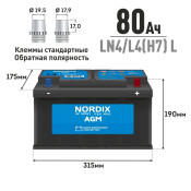 Аккумулятор Nordix LN4/L4(H7) L, 80Ач, CCA 800А, необслуживаемый, технология AGM (распродажа 2024г, Китай)