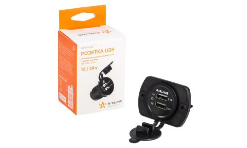 Зарядное устройство в прикуриватель Airline 12/24В, 1xUSB (5В, 2.1А) + 1xUSB (5В, 2.1А), черное, влагозащищенное, арт. ACS-2U-02