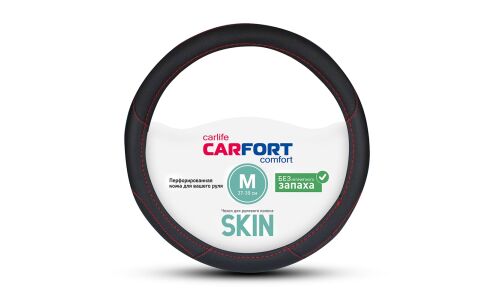 Оплетка на руль CARFORT SKIN, кожа, черный с красной прострочкой, размер M (37-39см)