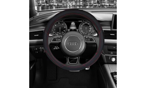 Оплетка на руль CARFORT SKIN, кожа, черный с красной прострочкой, размер M (37-39см)