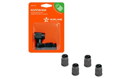 Колпачки на шинный вентиль Airline, пластикиковые, с ключом для ниппеля, чёрные, комплект 4 шт, арт. AVC-01