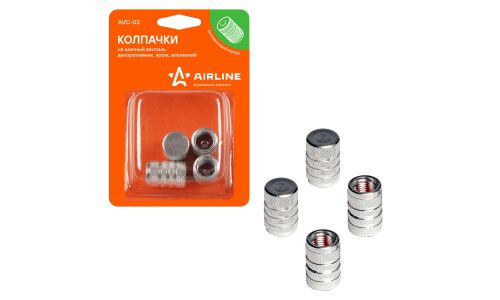 Колпачки на шинный вентиль Airline, металлические, декоративные, хромированные, комплект 4 шт, арт. AVC-03