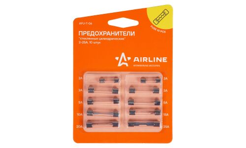 Предохранитель Airline, цилиндрический, стеклянный (ПЦ/FGL/AG/SFE), 2А (Ø5x20мм) 3/5/10/15/20/25А (Ø6x30мм), комплект 10 шт, арт. AFU-T-06