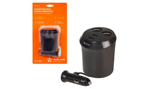Разветвитель прикуривателя Airline 12/24В, 2 гнезда, 1xUSB (5В, 2.1А), 1xUSB (5В, 1А), 60Вт, кабель 60см, черный, арт. ASP-2U-16