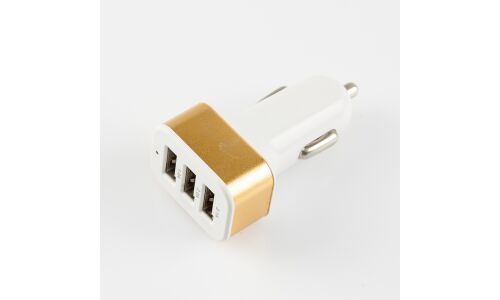 Зарядное устройство в прикуриватель, 1xUSB (5В, 2.1А), 1xUSB (5В, 2.0А), 1xUSB (5В, 1А), золотистое с белым